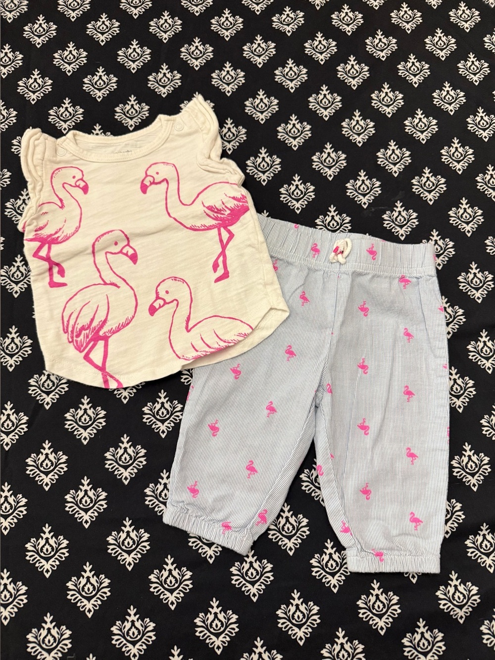 Carter’s Baby Girl Flamingo 2 Piece Outfit Set Size 3M Top Pants Pink Blue